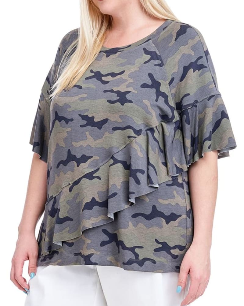Front of a model wearing a size 3X Fever Women's Plus Camo Print Ruffle Top in Gray by Fever. | dia_product_style_image_id:311376